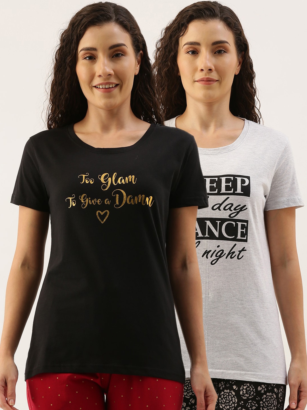 

Kryptic Women Pack of 2 Printed Cotton Lounge Tshirts, Black