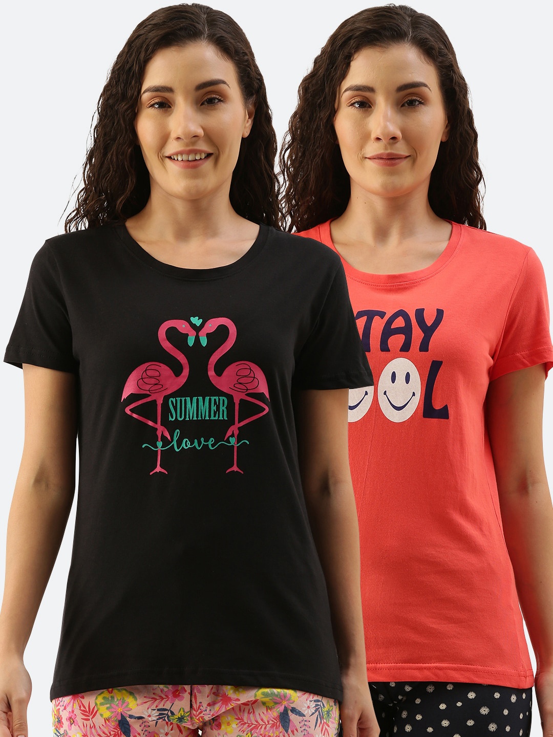 

Kryptic Women Pack Of 2 Printed Pure Cotton Lounge T-Shirts, Black