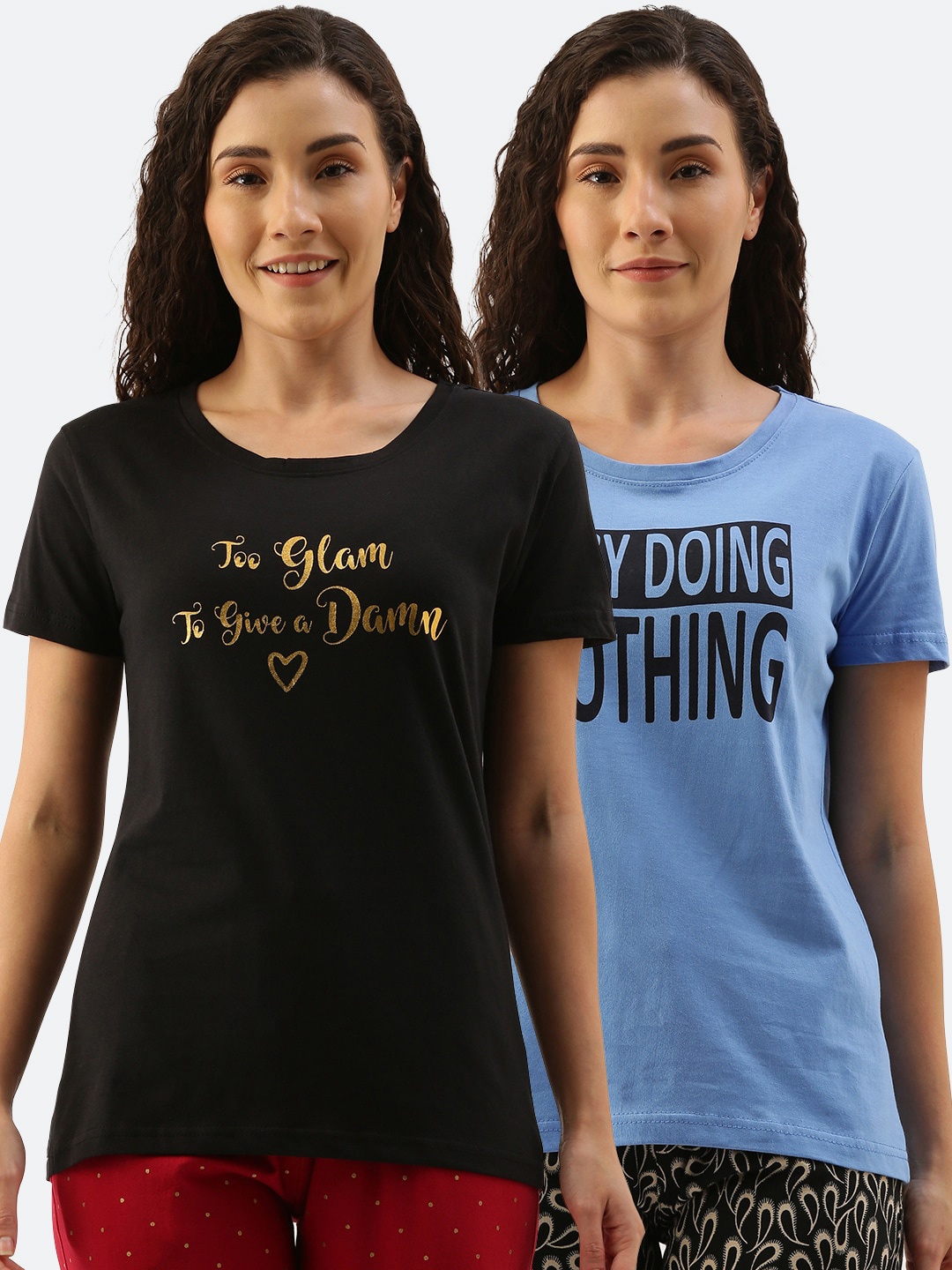 

Kryptic Women Pack Of 2 Printed Pure Cotton Lounge T-Shirts, Black