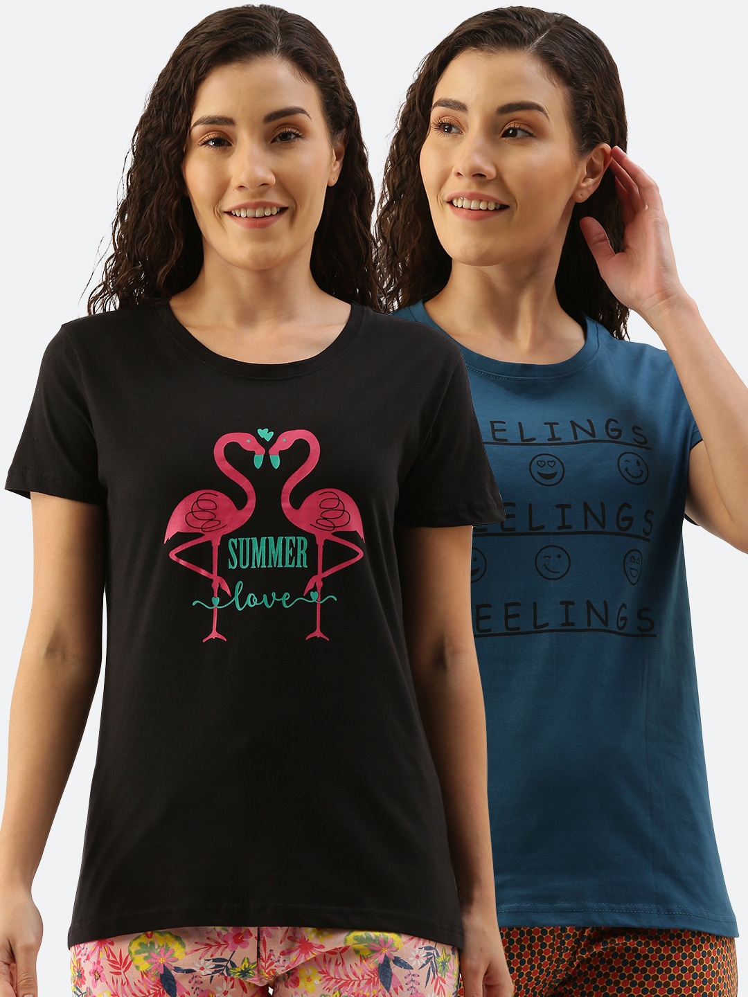 

Kryptic Women Pack Of 2 Printed Cotton Lounge T-shirts, Black