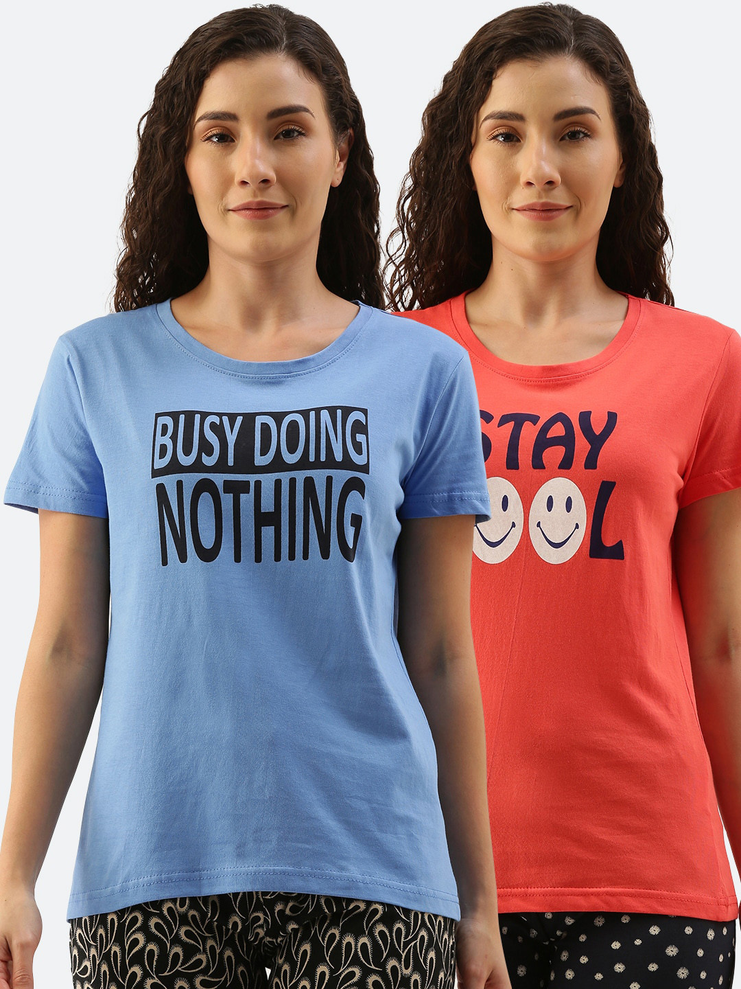 

Kryptic Women Pack Of 2 Typography Printed Pure Cotton Lounge T-Shirts, Blue