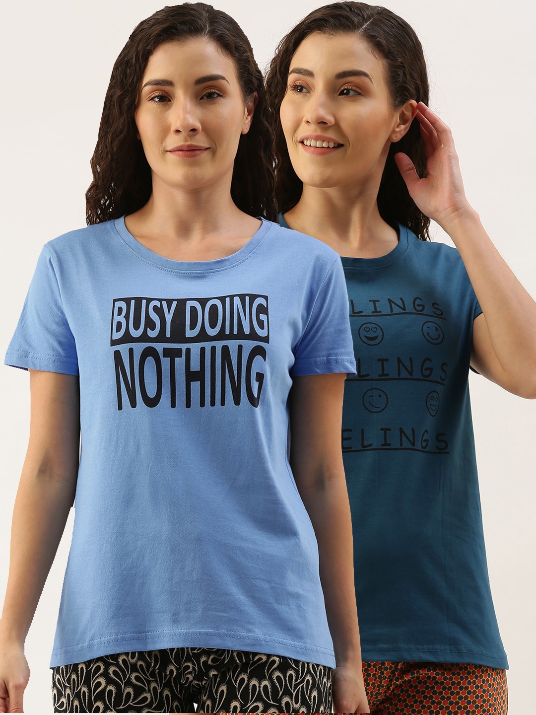 

Kryptic Women Pack Of 2 Printed Pure Cotton Lounge T-Shirts, Blue