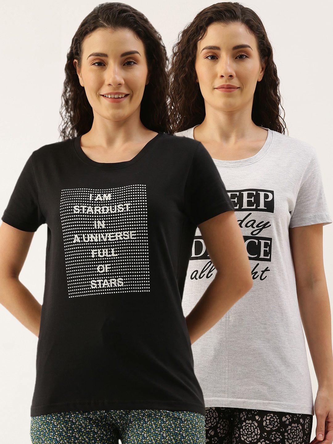 

Kryptic Women Pack Of 2 Typography Printed Pure Cotton Lounge T-Shirts, Black