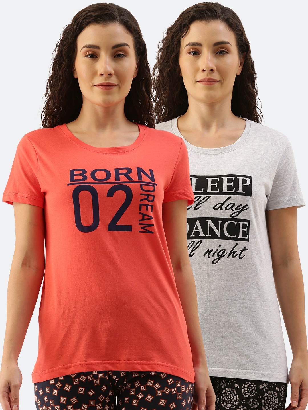 

Kryptic Women Pack of 2 Coral & Grey Printed Lounge Tshirts