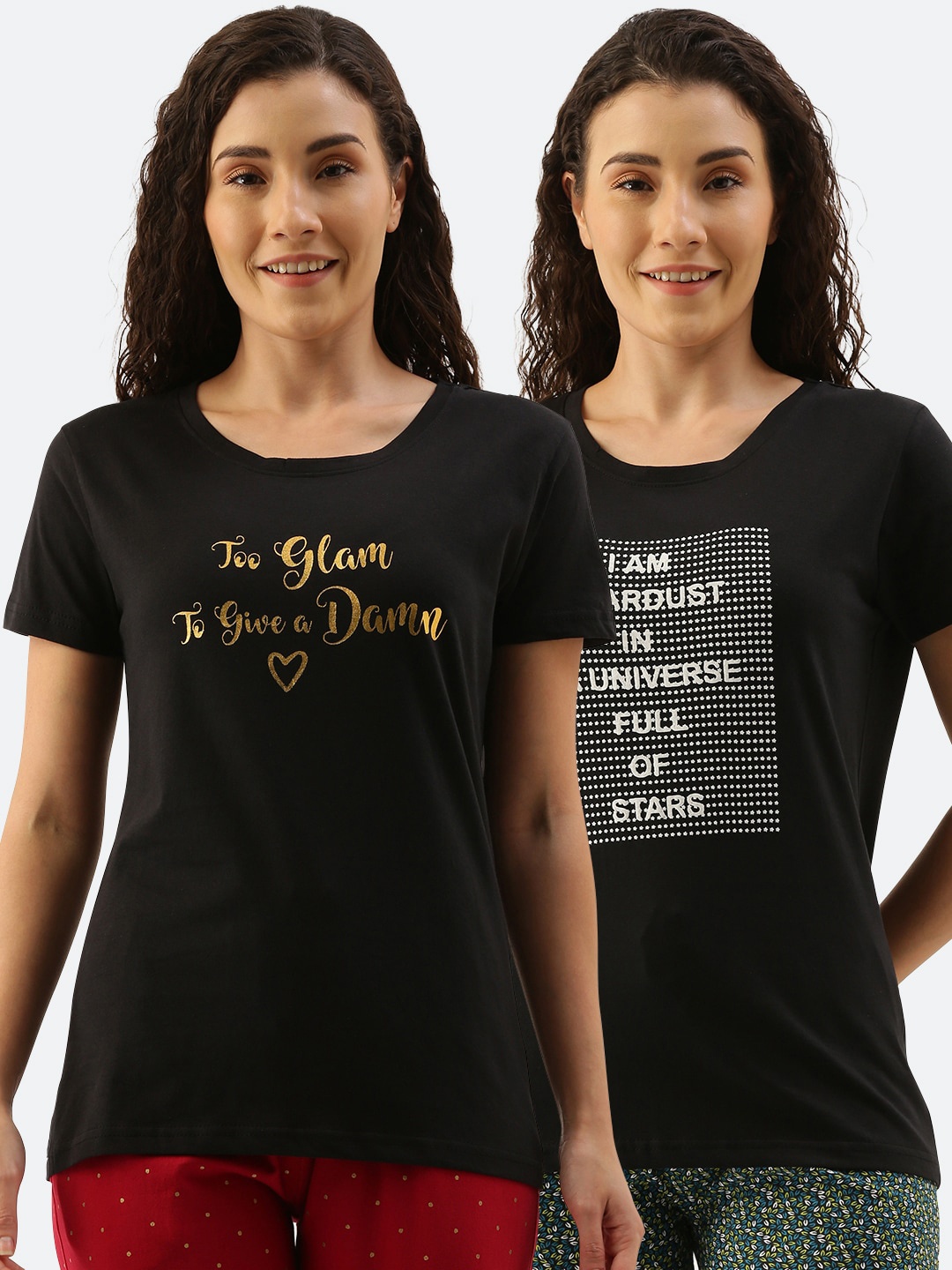 

Kryptic Women Pack Of 2 Printed Pure Cotton Lounge T-Shirts, Black