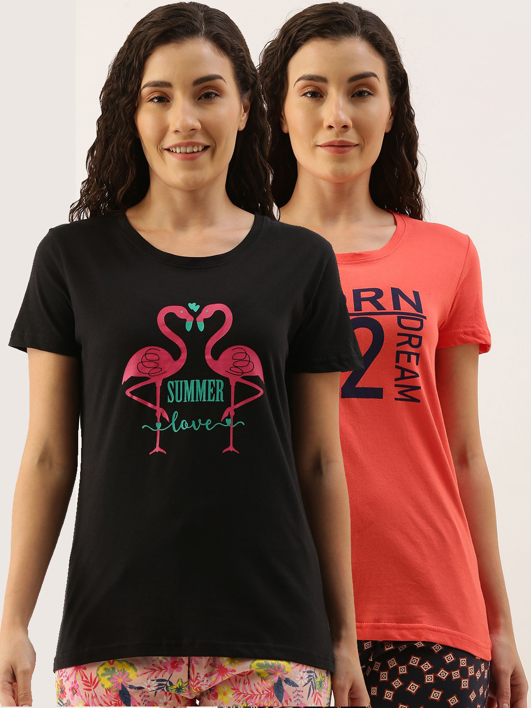 

Kryptic Women Pack Of 2 Printed Pure Cotton Lounge T-Shirts, Black