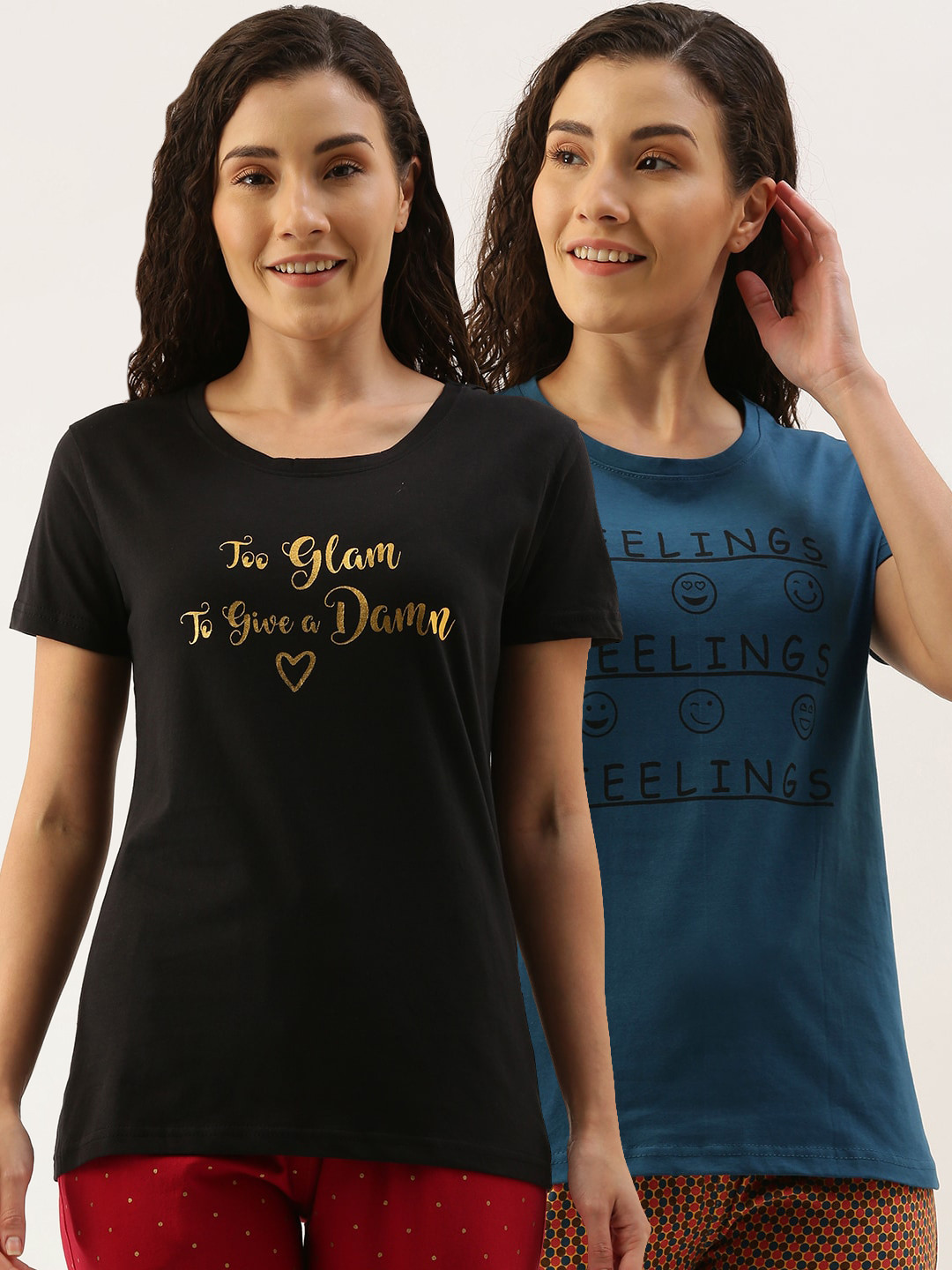 

Kryptic Women Pack Of 2 Printed Pure Cotton Lounge T-Shirts, Black