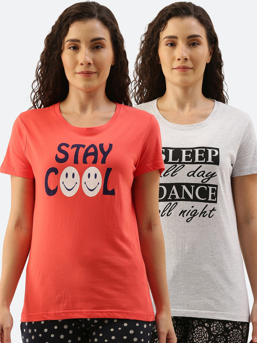 

Kryptic Women Pack Of 2 Printed Pure Cotton Lounge T-Shirts, Coral