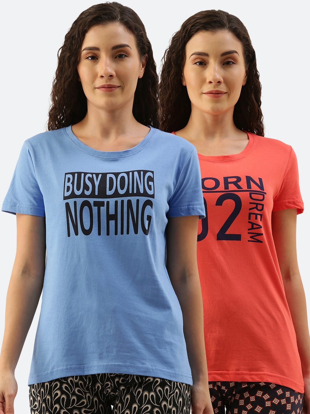 

Kryptic Women Pack Of 2 Printed Pure Cotton Lounge T-Shirts, Blue