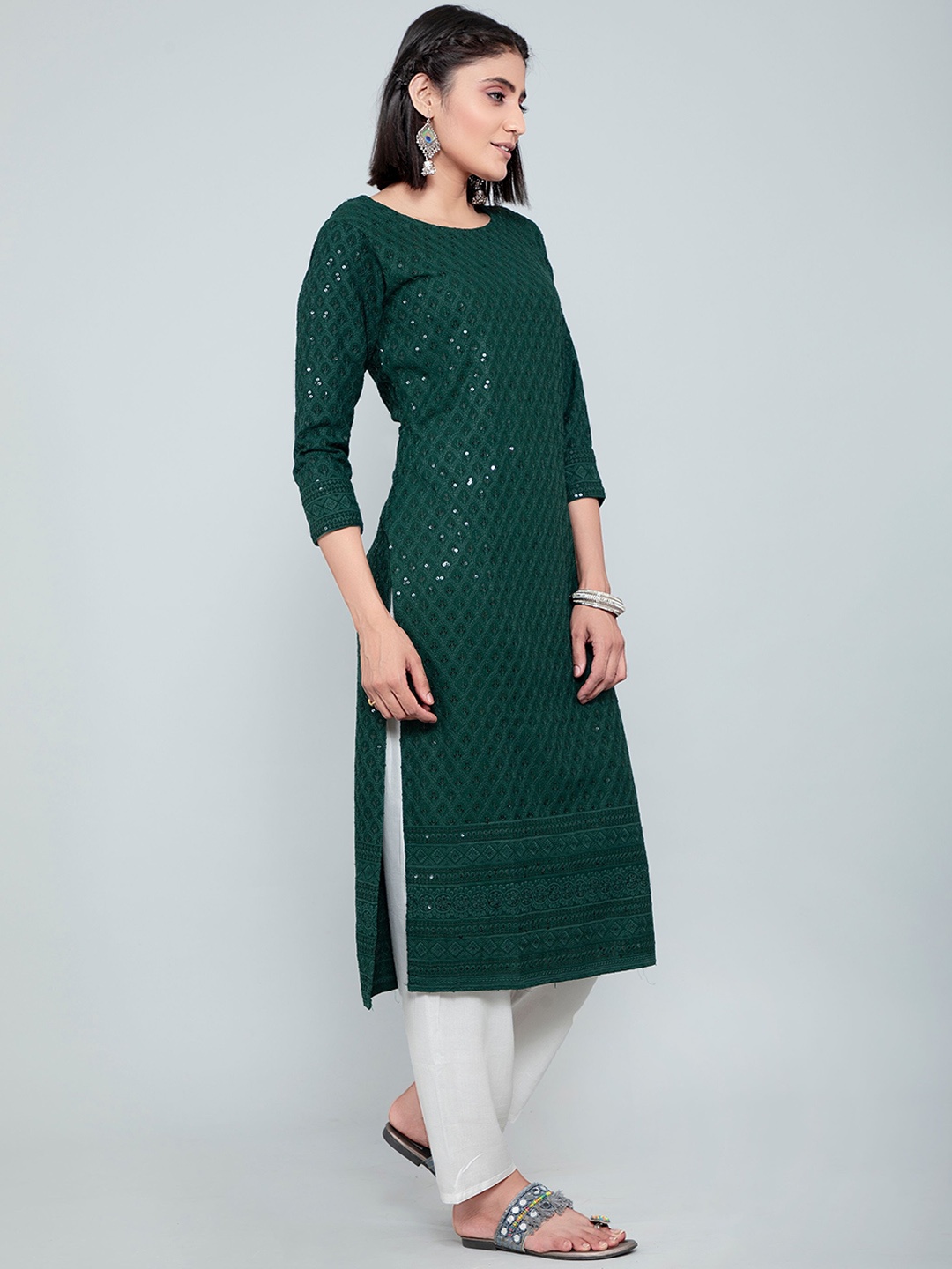 

POONAM DESIGNER Women Green sequin all over Geometric Printed Kurta