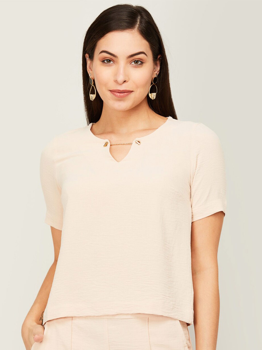 

CODE by Lifestyle Peach-Coloured Keyhole Neck Top