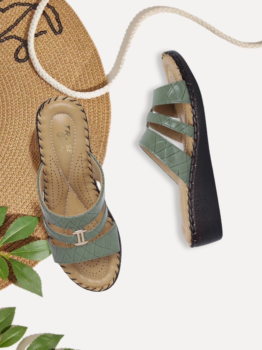 

TRASE Women Green Open Toe Flats with Buckles