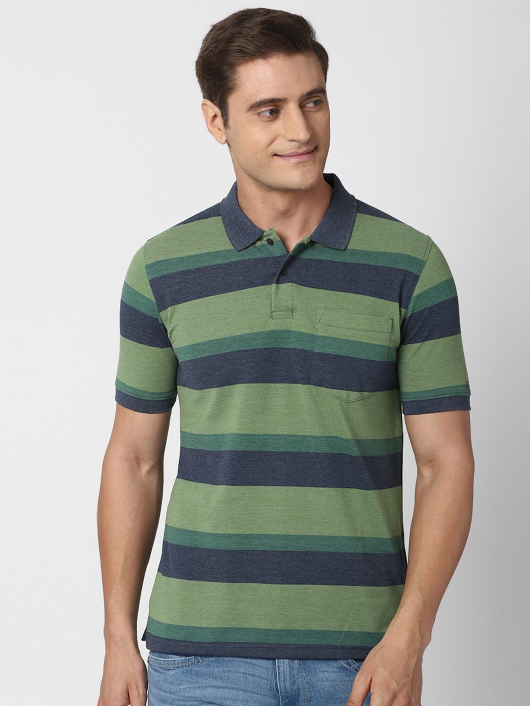 

Peter England Casuals Men Green Striped Polo Collar T-shirt