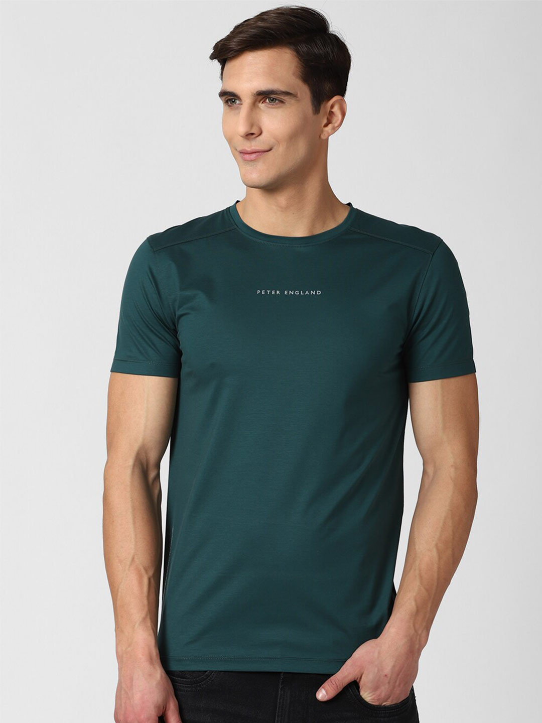 

Peter England Casuals Men Green Raw Edge Slim Fit T-shirt