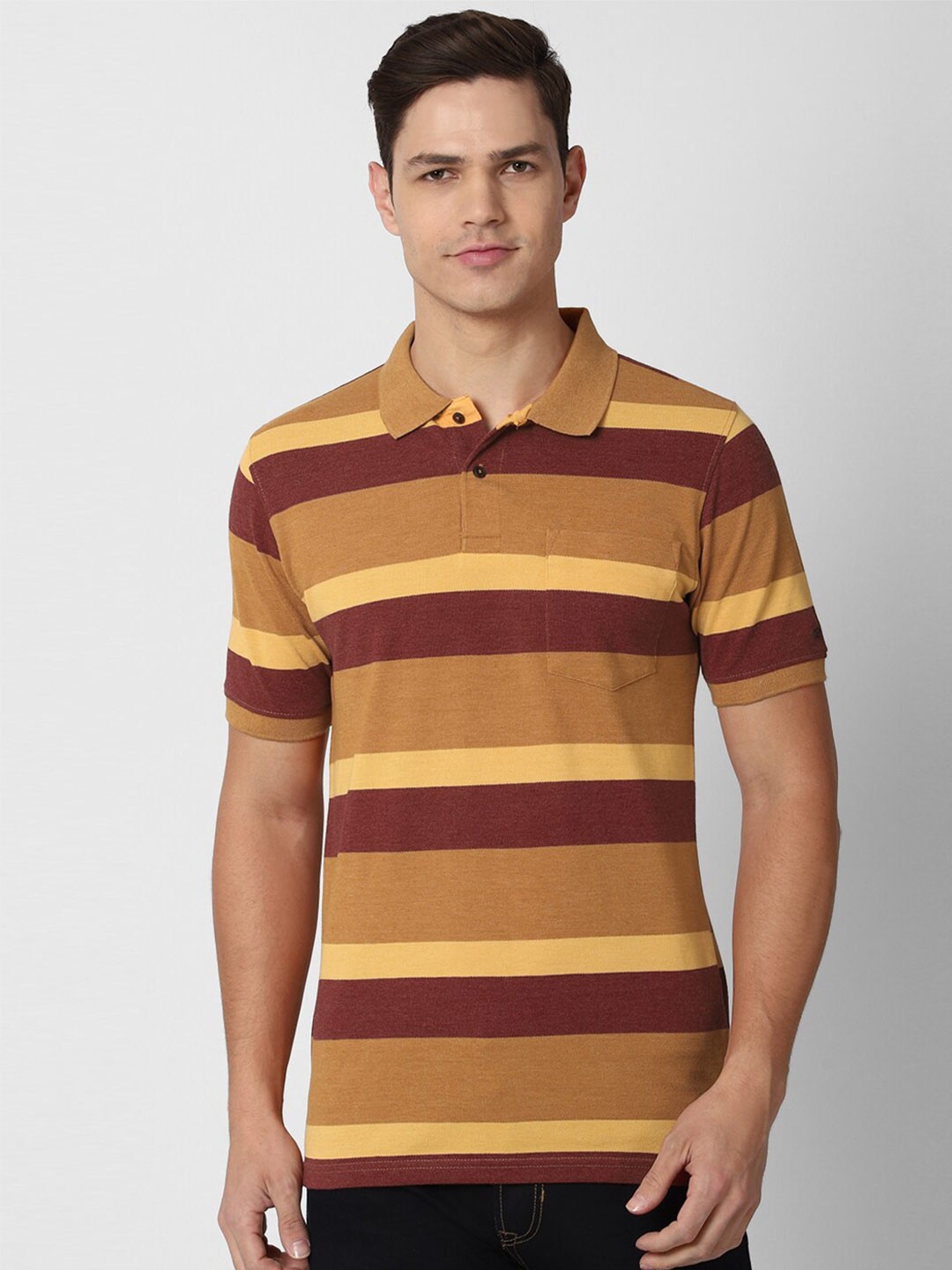 

Peter England Casuals Men Brown Striped Polo Collar T-shirt