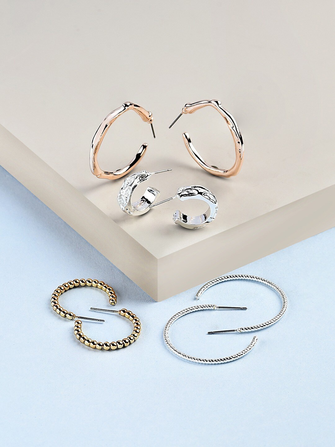 

AMI Set Of 4 Rose Gold, Silver & Gold Tone Semi-Hoop Earrings