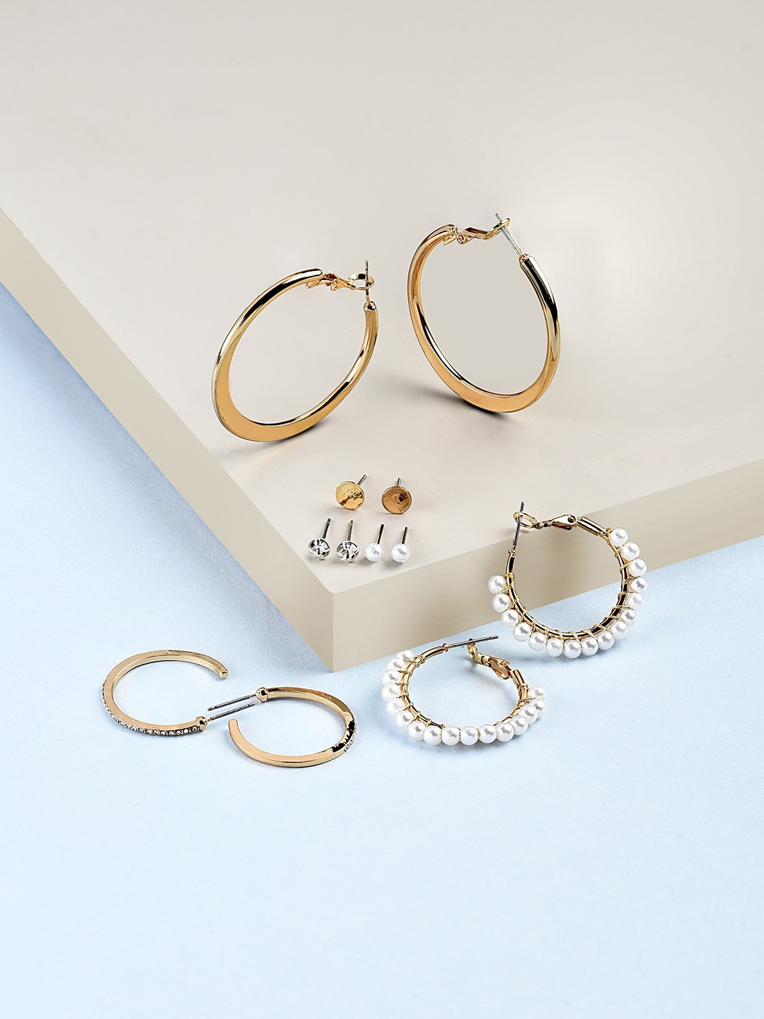 

AMI Set Of 6 Rose Gold, Silver & Gold Tone Studs, Hoop & Semi Hoop Earrings