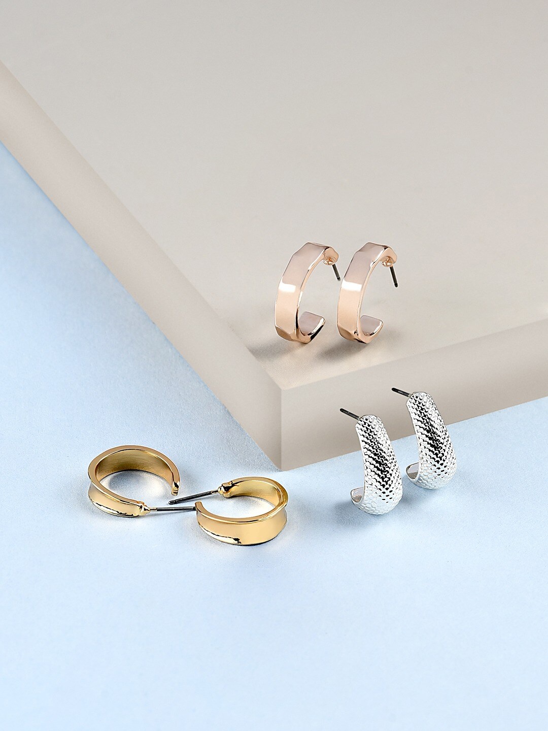 

AMI Set Of 3 Rose Gold, Silver & Gold Tone Semi-Hoop Earrings