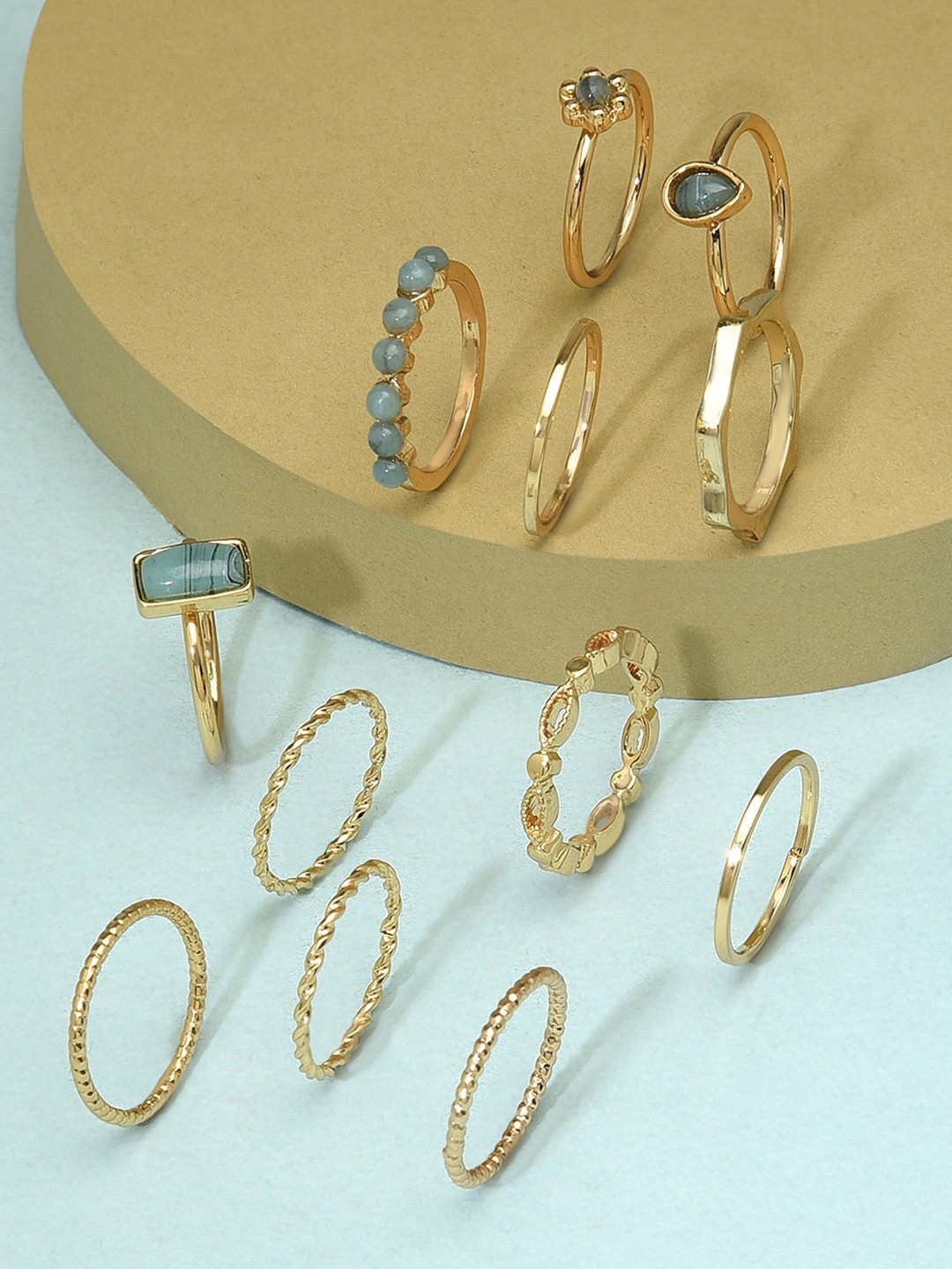 

AMI Set Of 12 Gold Plated Green Stone Embellished Finger Rings