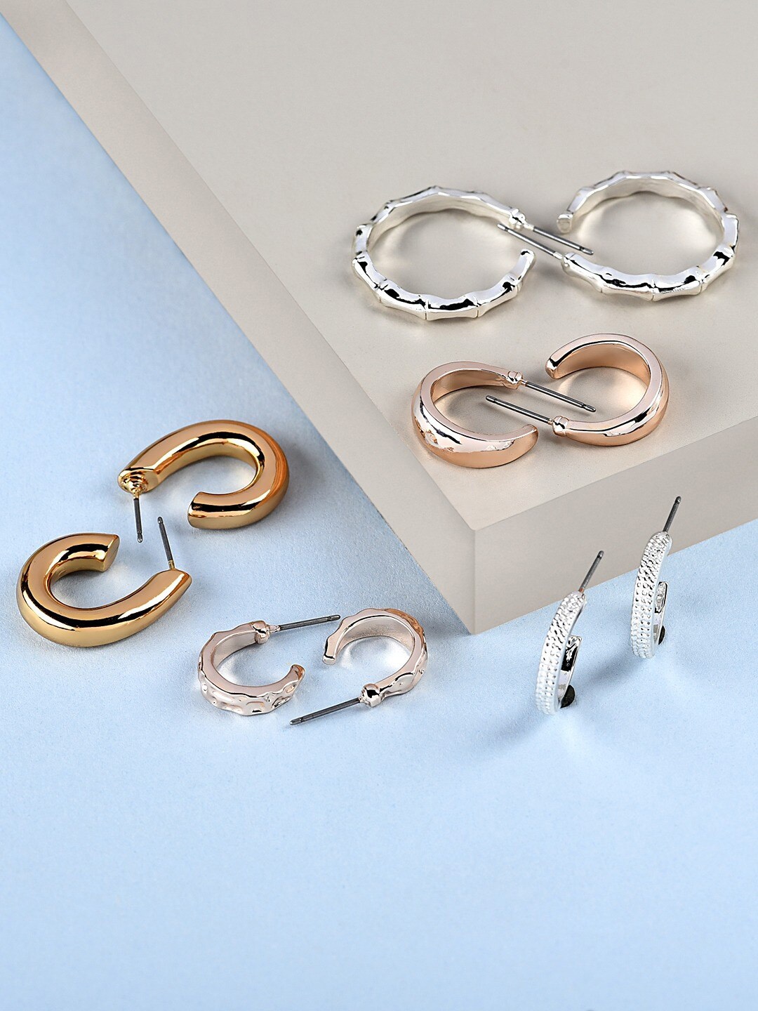 

AMI Set Of 5 Rose Gold, Silver & Gold Tone Semi-Hoop Earrings