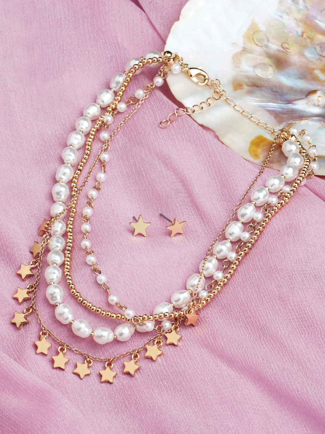 

AMI Gold-Toned White Stone Studded & Beaded 3 Layers Jewellery Set