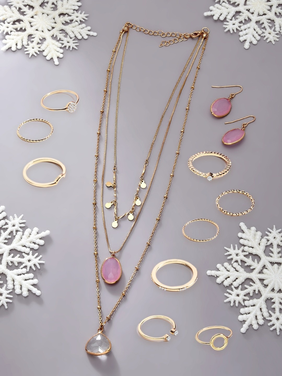 

AMI Gold Plated Pink Colored Necklace Earrings & Ring Jewellery Set