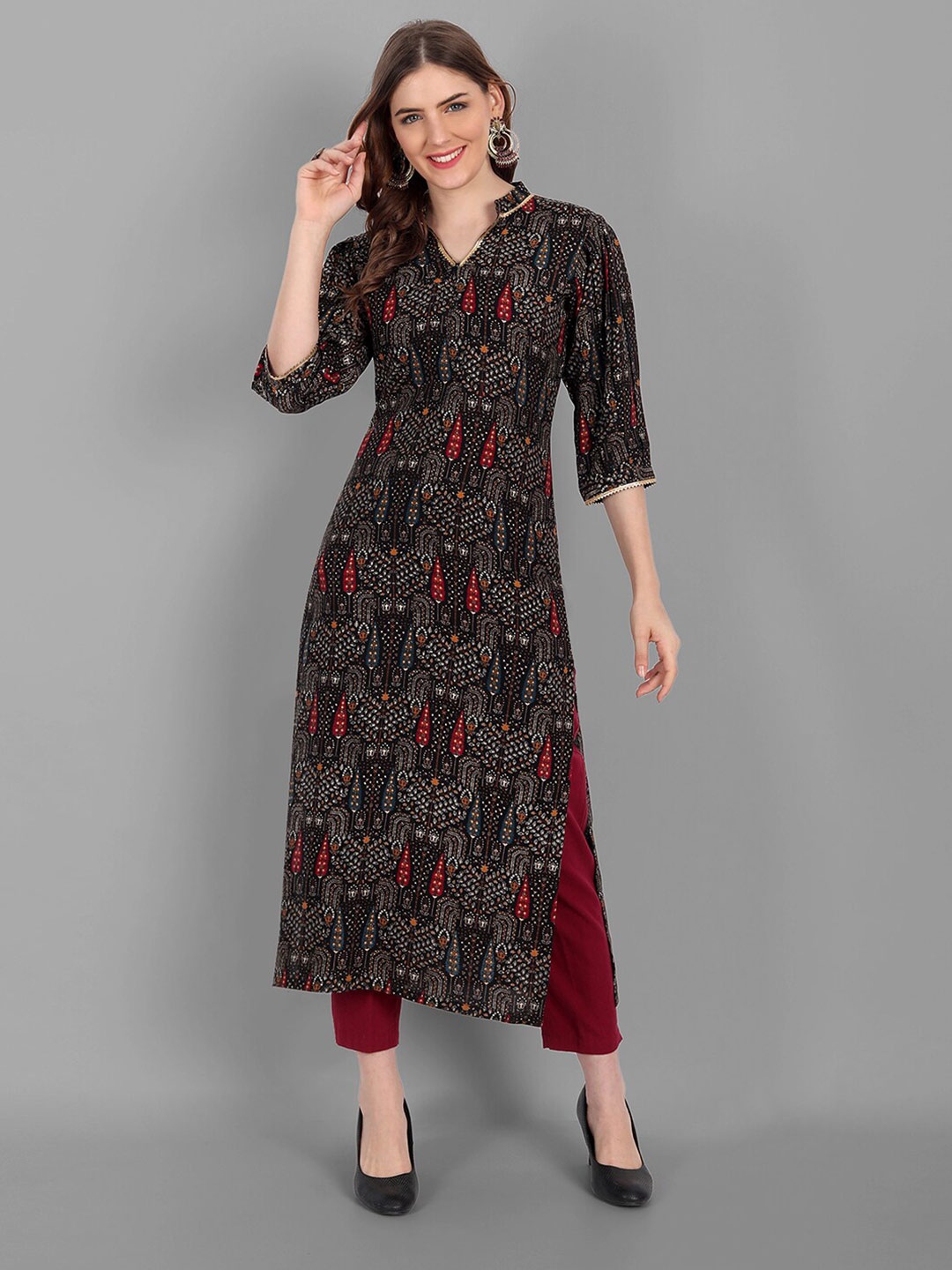 

V TRADITION Navy Blue & Multicoloured Geometric Printed Kurti