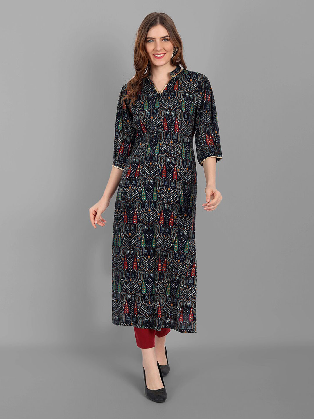 

V TRADITION Navy Blue & Multicoloured Geometric Printed Gotta Patti Gotta Patti Kurti