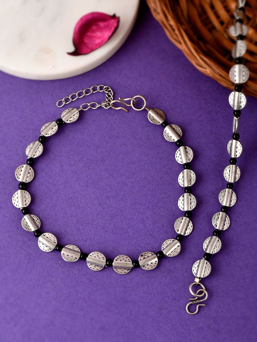 

Silvermerc Designs Silver-plated & Black Beaded Anklet