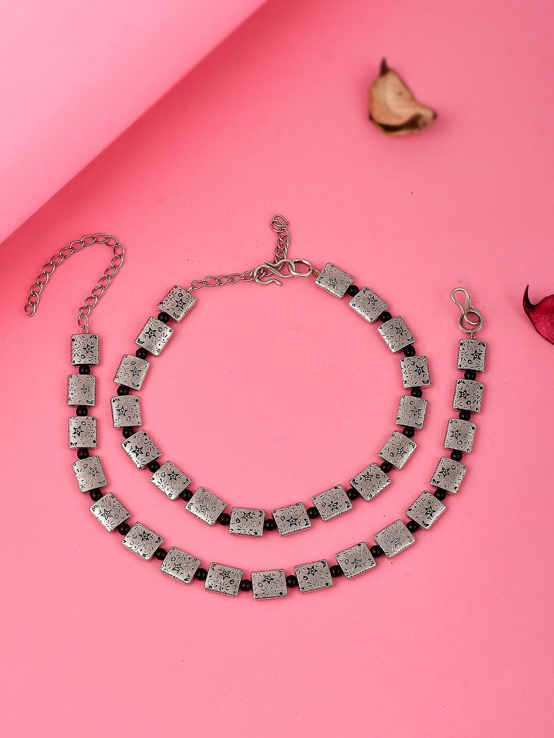 

Silvermerc Designs Set of 2 Oxidized Silver-Plated & Black Beaded Anklets