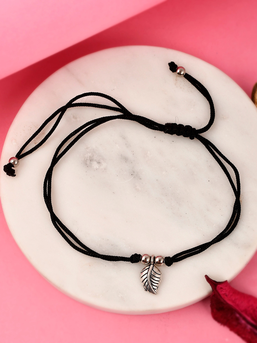 

Silvermerc Designs Silver Plated Oxidised Leaf Beaded Threaded Anklet