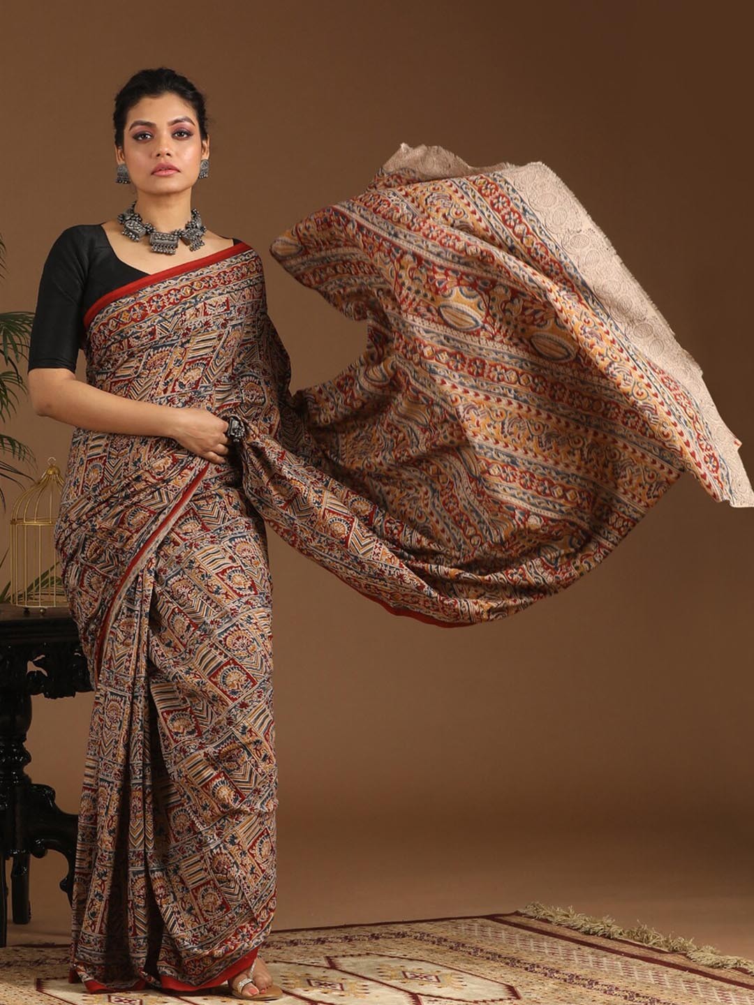 

Indethnic Multicoloured & Beige Kalamkari Pure Cotton Block Print Saree, Multi
