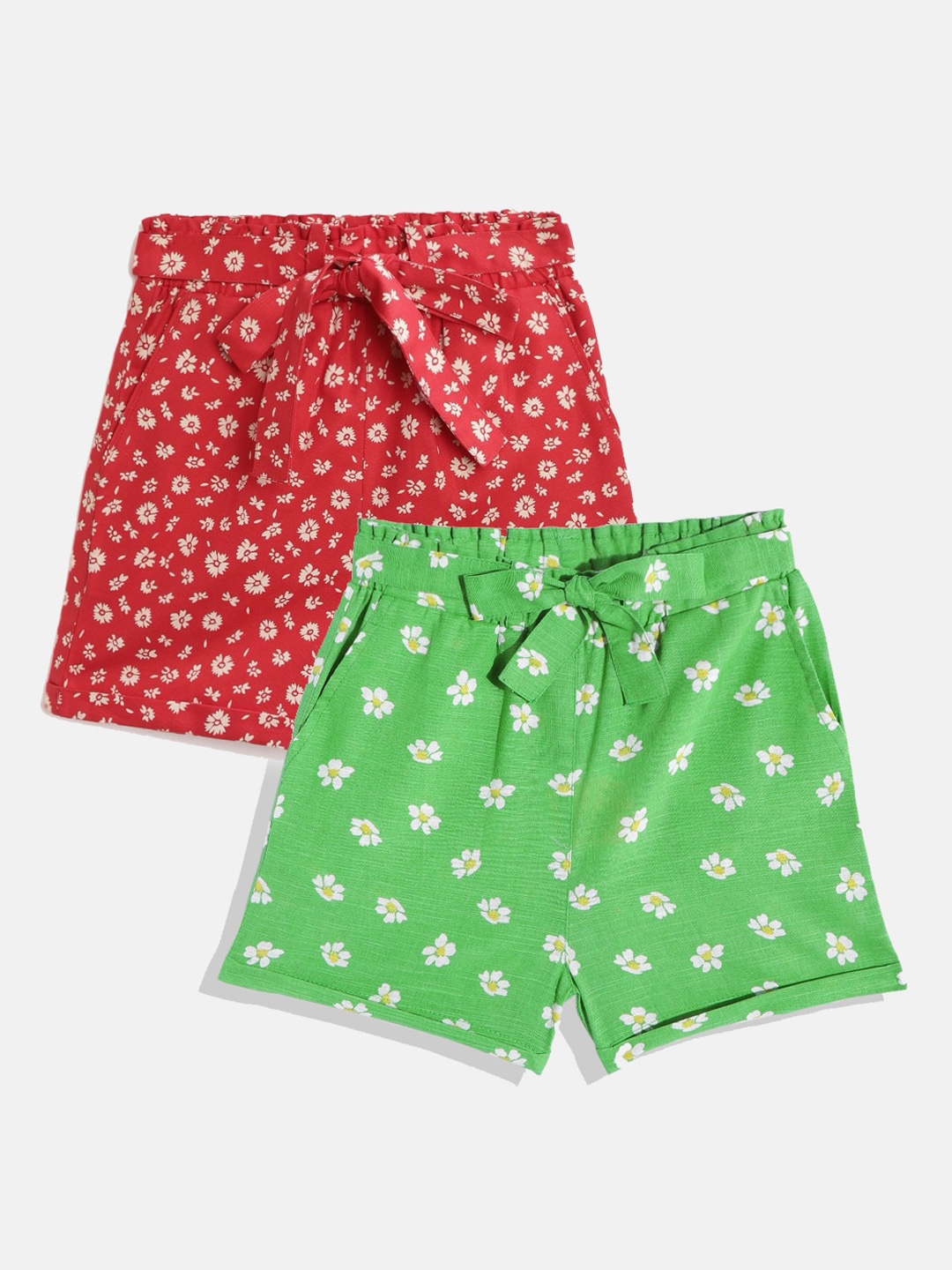 

luyk Girls Set Of 2 Green & Red Floral Printed High-Rise Shorts