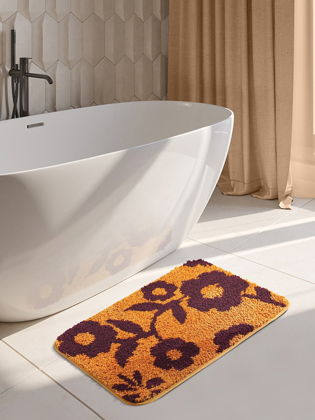 

OBSESSIONS Mustard-Yellow & Brown 1400 GSM Anti-Skid Bath Rug