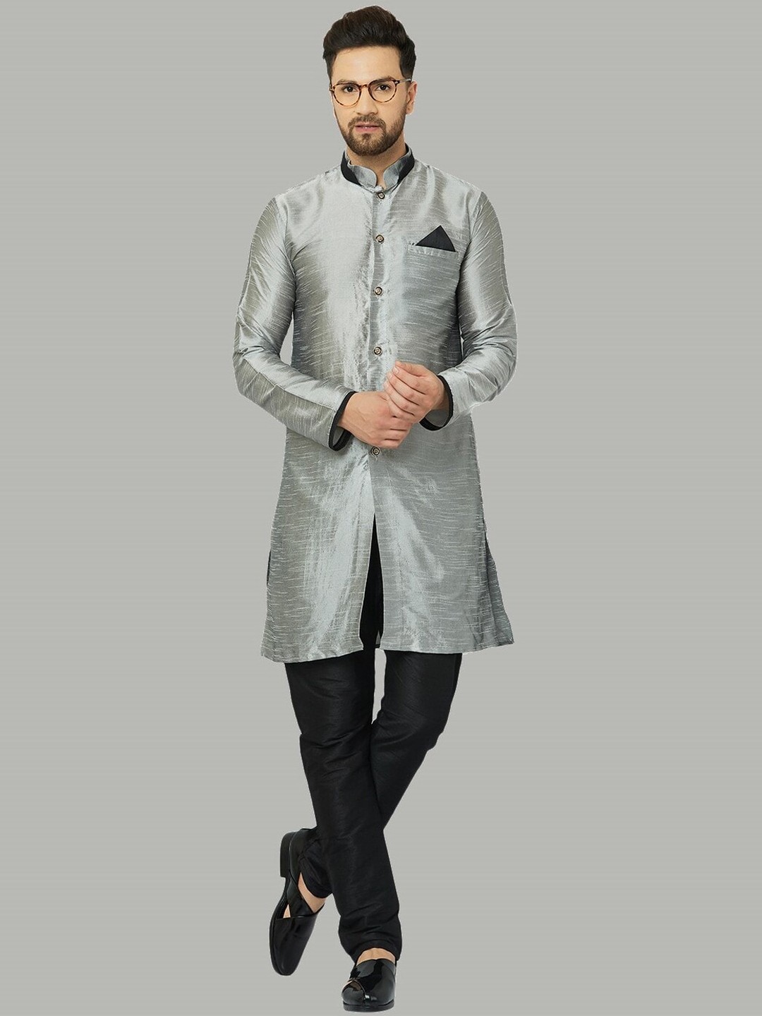 

Kaifoo Men Silver Mandarin Collar Button Placket Kurta