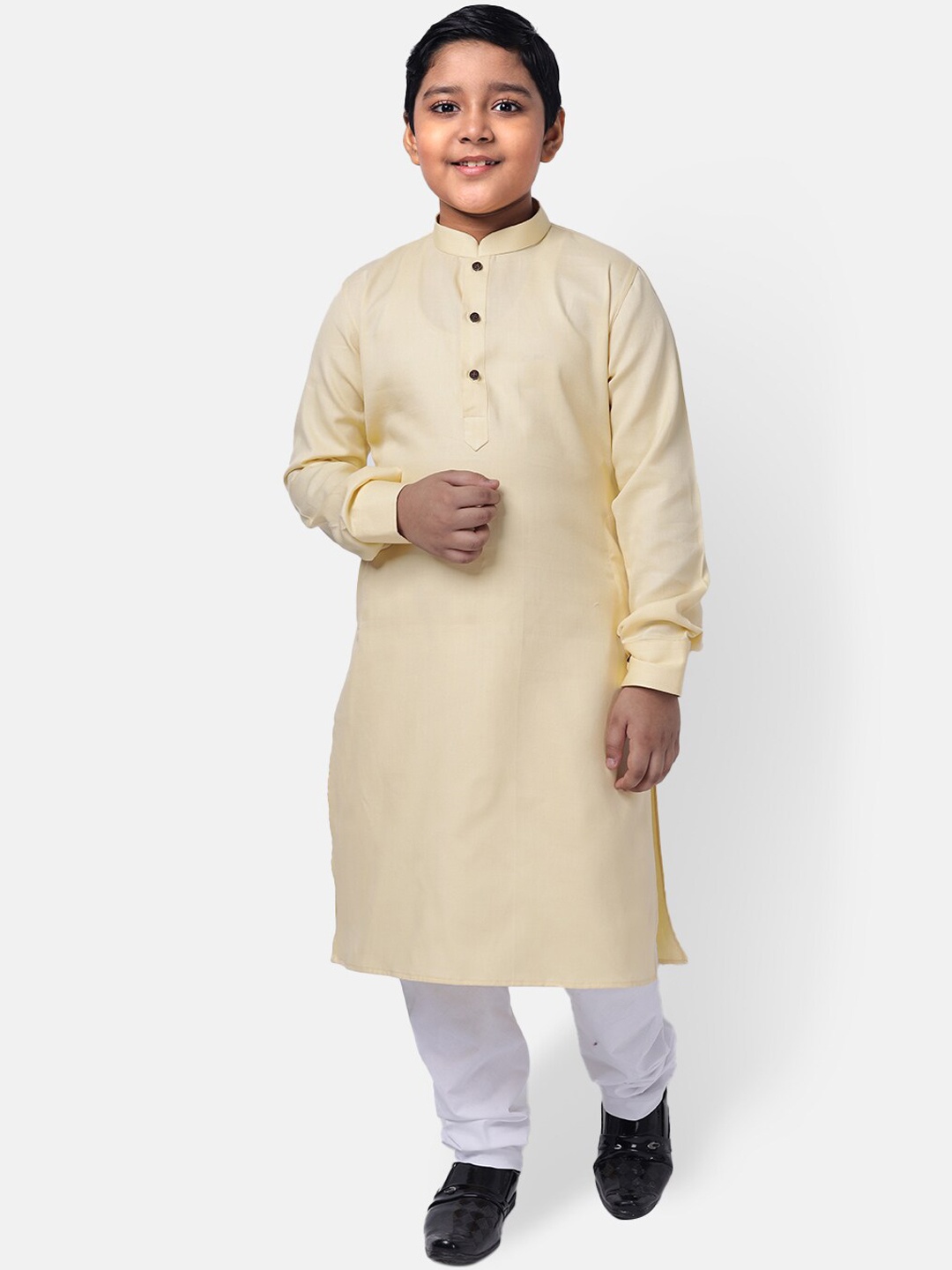 

NAMASKAR Boys Cotton Solid Kurta with Churidar, Cream