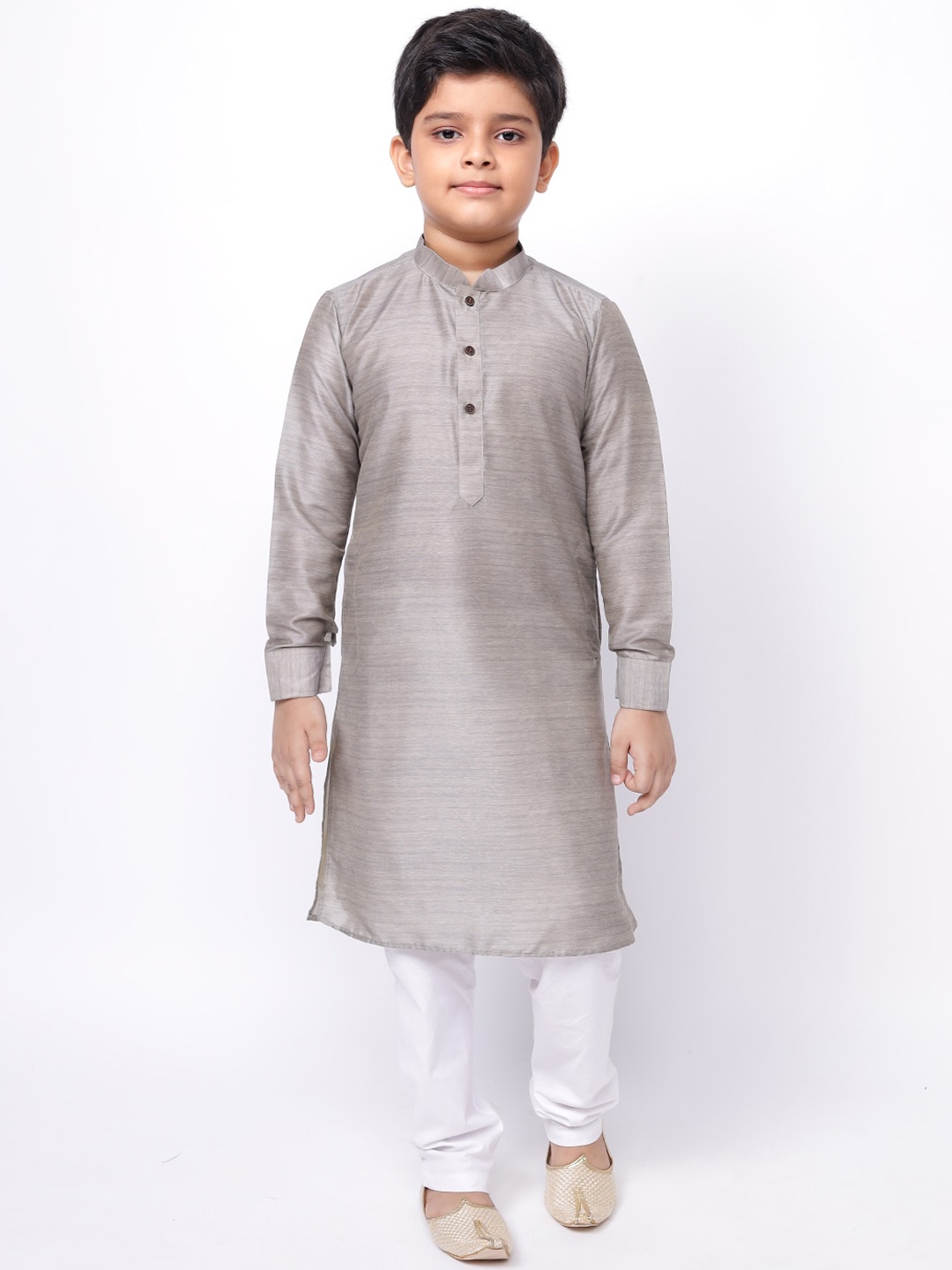 

NAMASKAR Boys Grey Self Design Cotton-Linen Kurta with Churidar