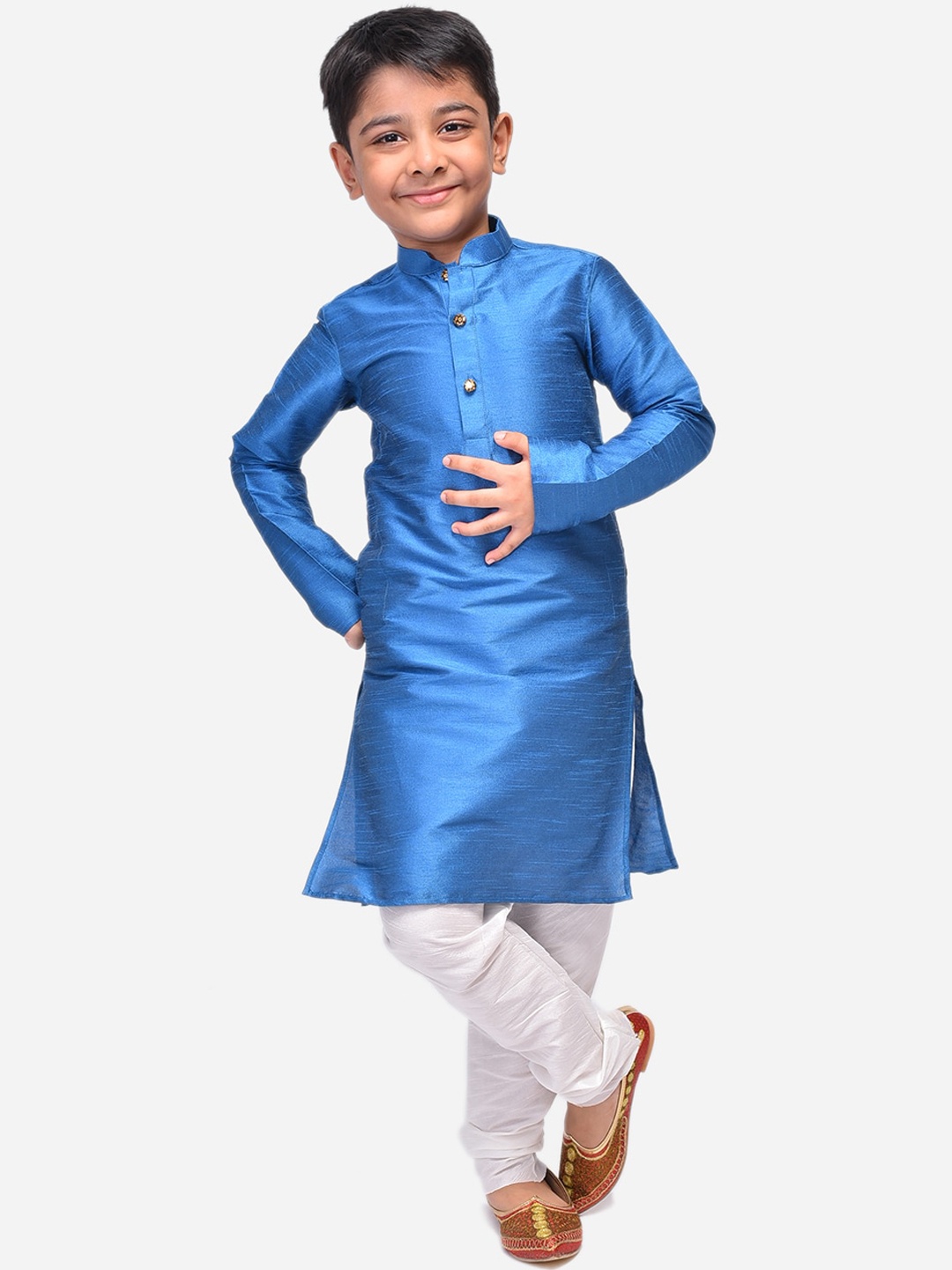 

NAMASKAR Boys Navy Blue Dupion Silk Kurta with Churidar
