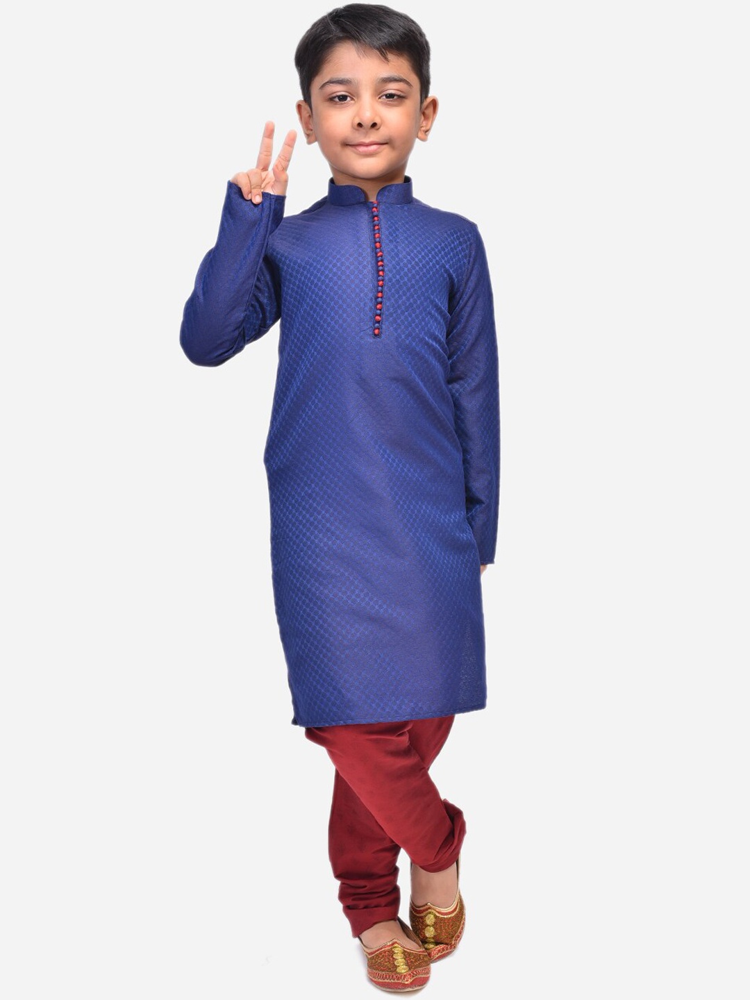 

NAMASKAR Boys Cotton Linen Self Design Kurta with Churidar, Blue