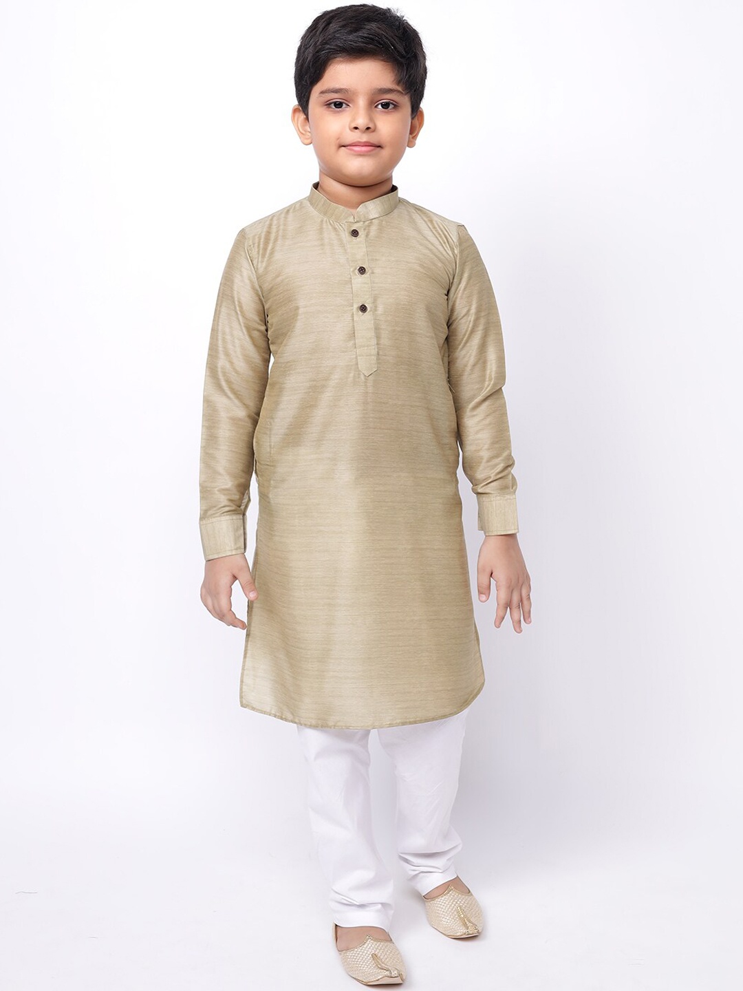 

NAMASKAR Boys Silk Blend Solid Kurta with Churidar, Beige