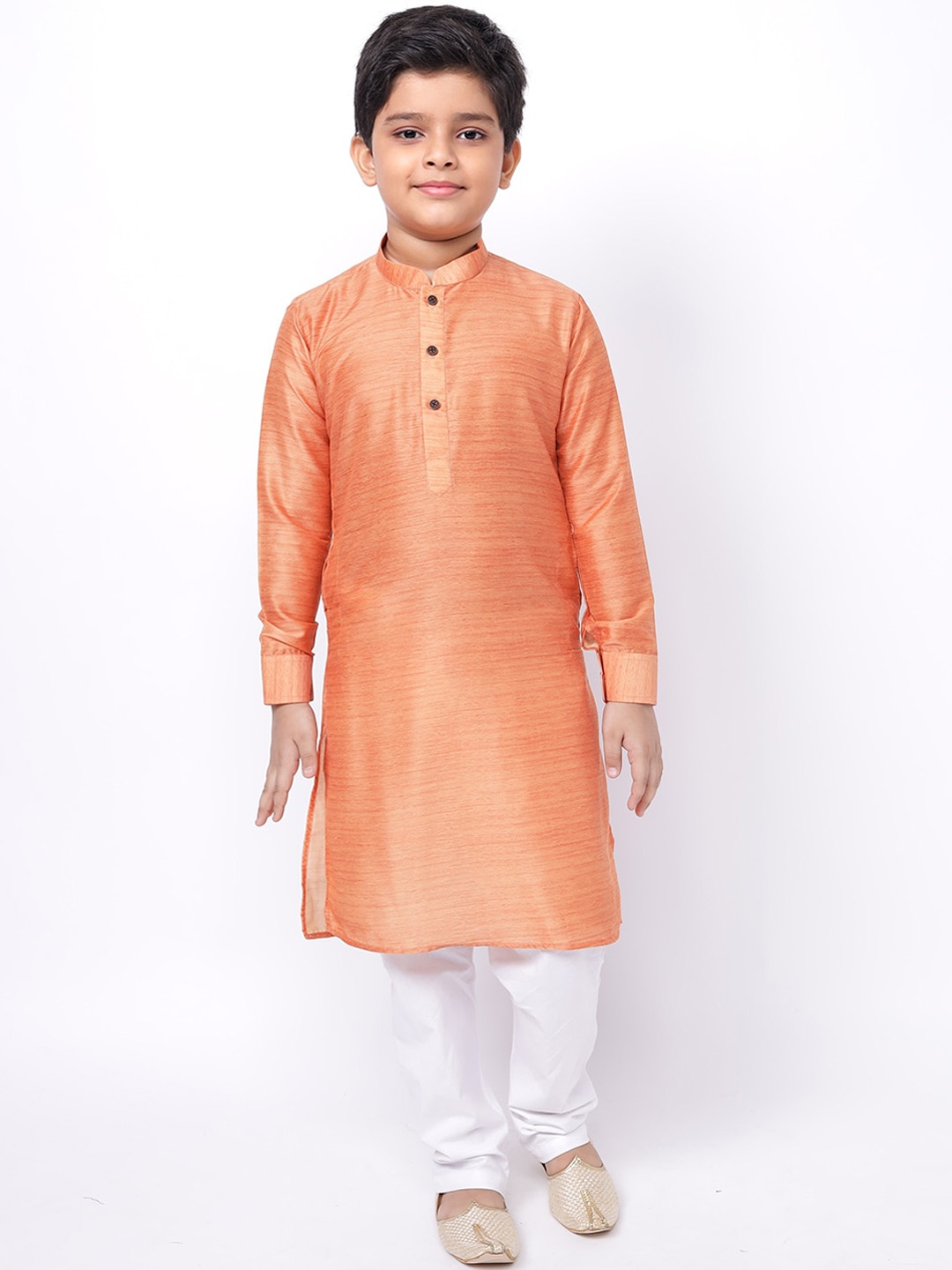 

NAMASKAR Boys Silk Blend Solid Kurta with Churidar, Peach