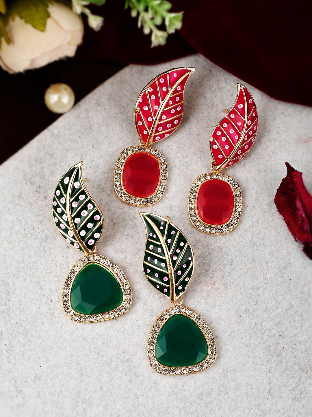 

Shoshaa Set of 2 Gold-Plated Handcrafted Contemporary Drop Earrings, Green