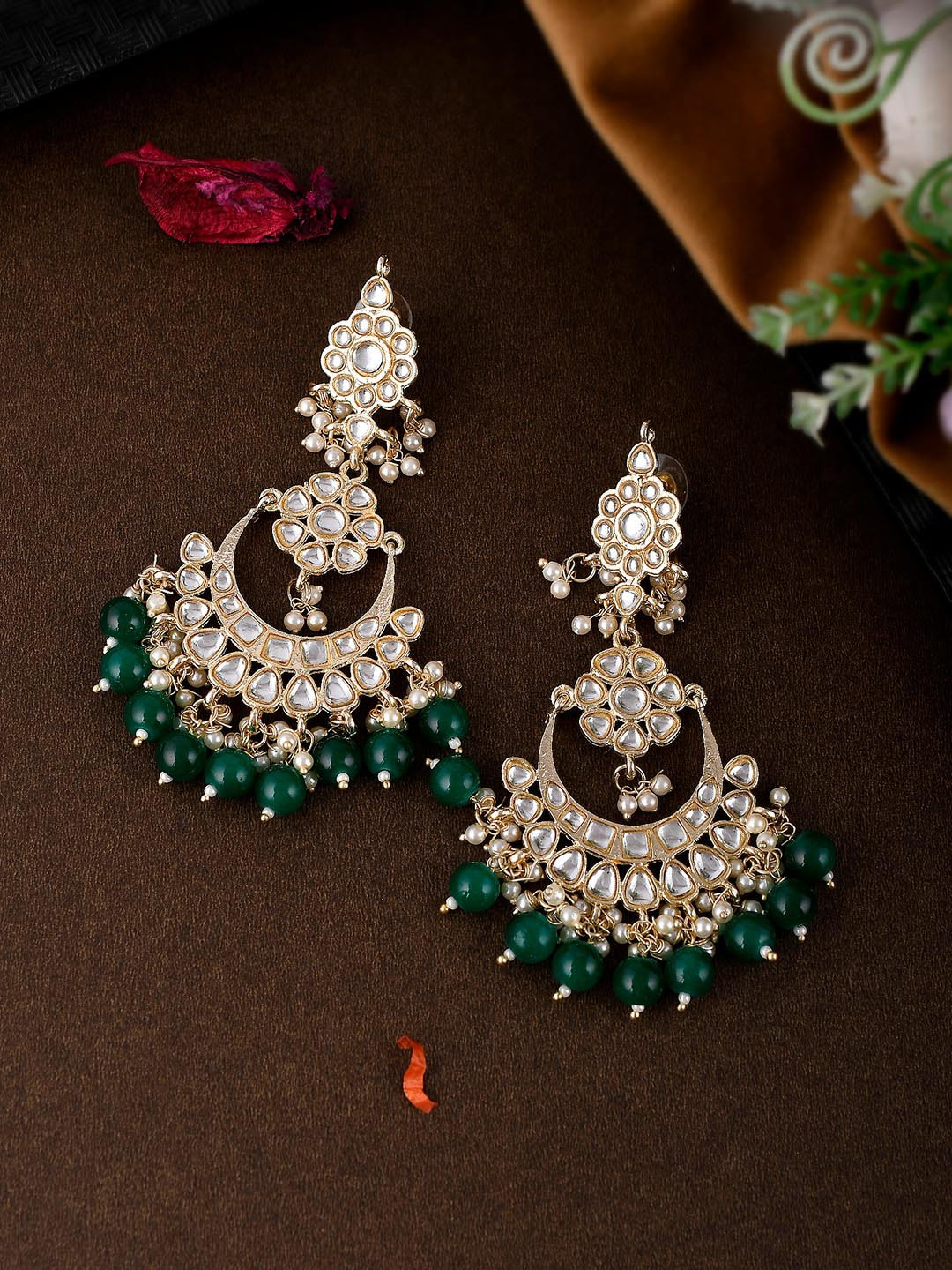 

Shoshaa Gold-Plated Green Kundan Contemporary Drop Earrings