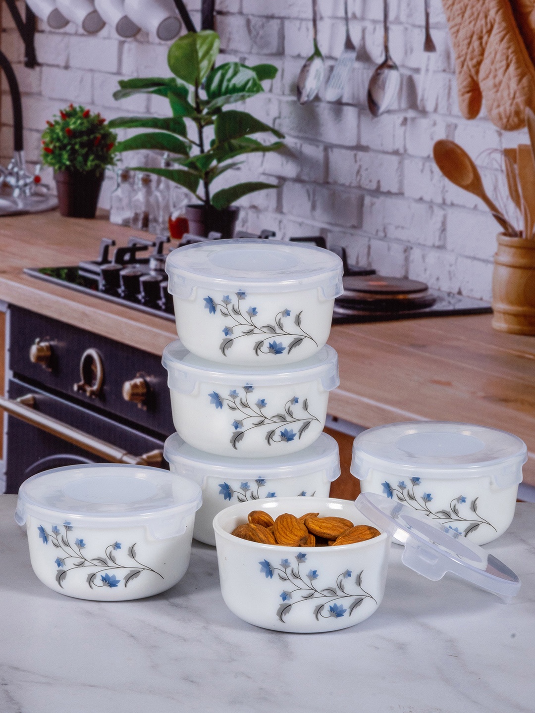 

Cello Set of 6 White & Blue Printed Storage Container With Lid