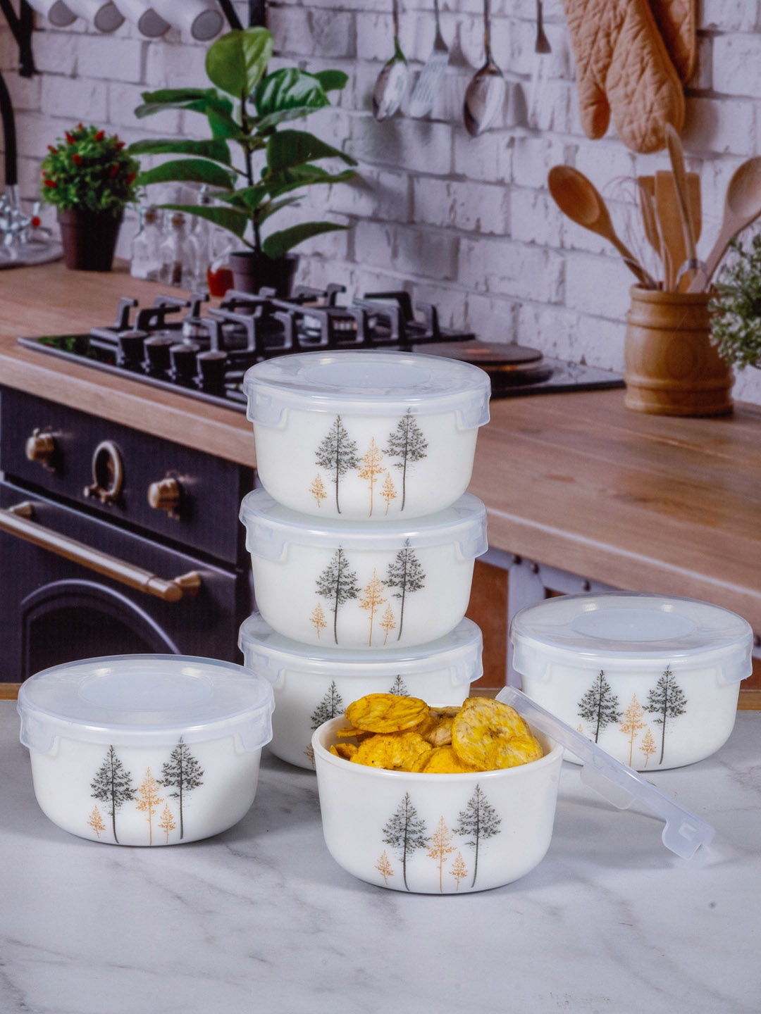 

Cello Set Of 6 White & Black Printed Storage Container With Lid