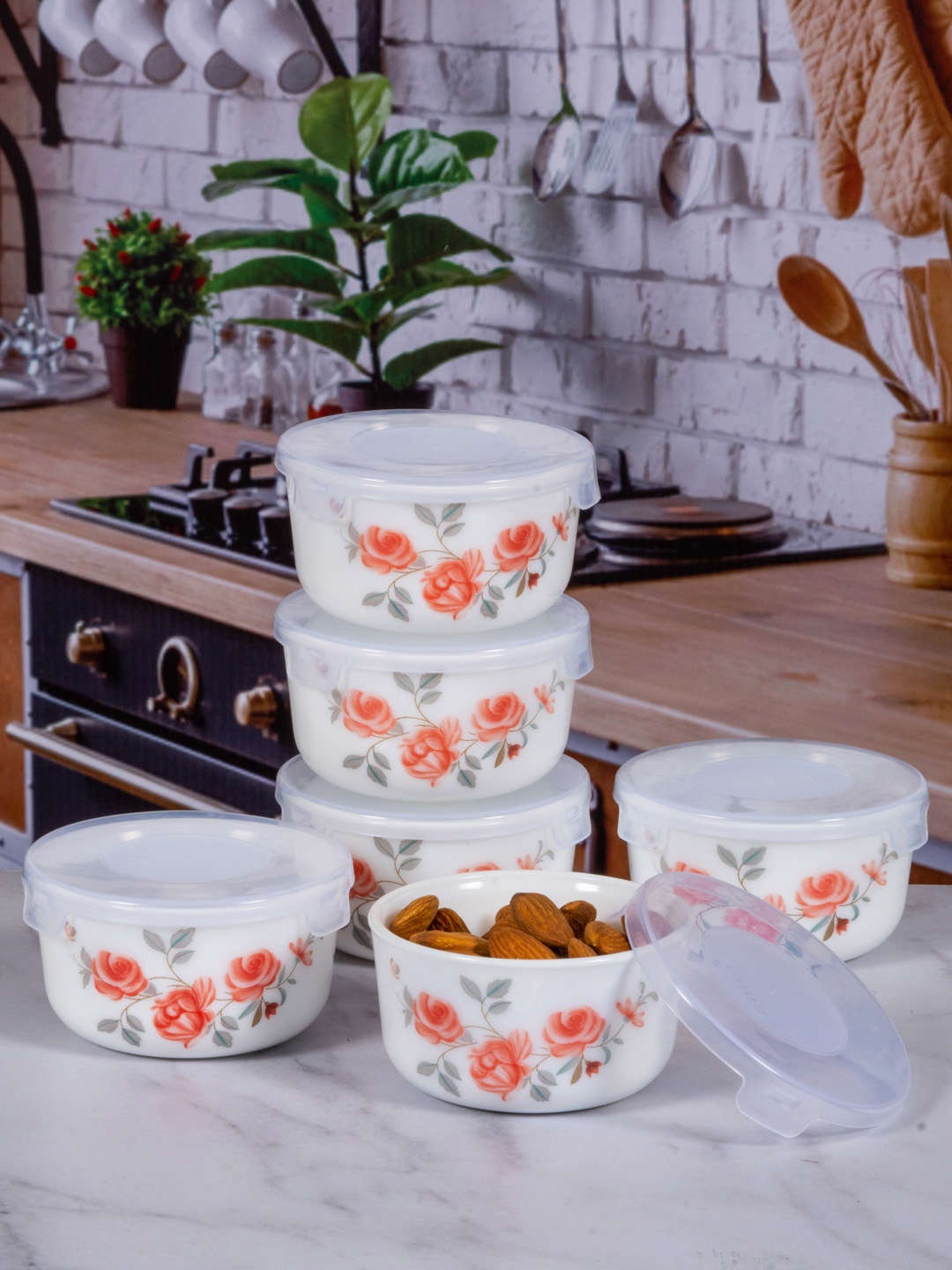 

Cello Set Of 6 Floral Printed Storage Container with Lid, White
