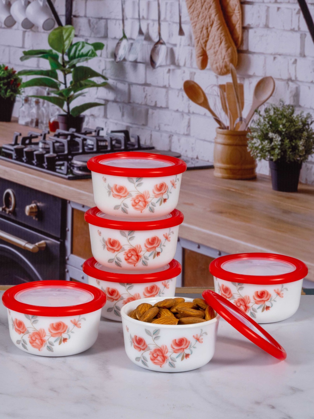 

Cello Set Of 12 White & Red Printed Storage Containers with Lid