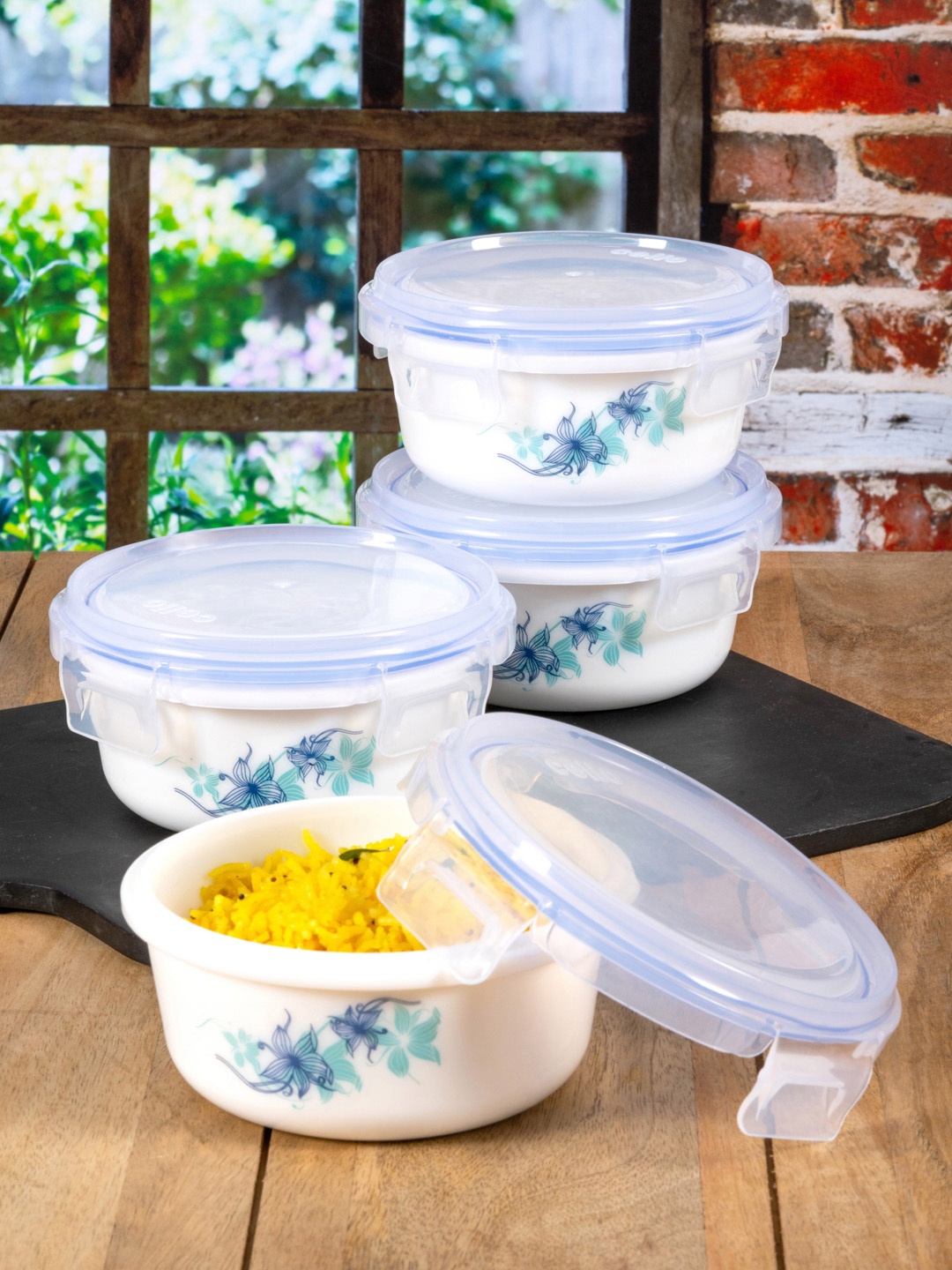 

Cello Set of 4 Blue Buster Opalware Storage Container with Lid, White