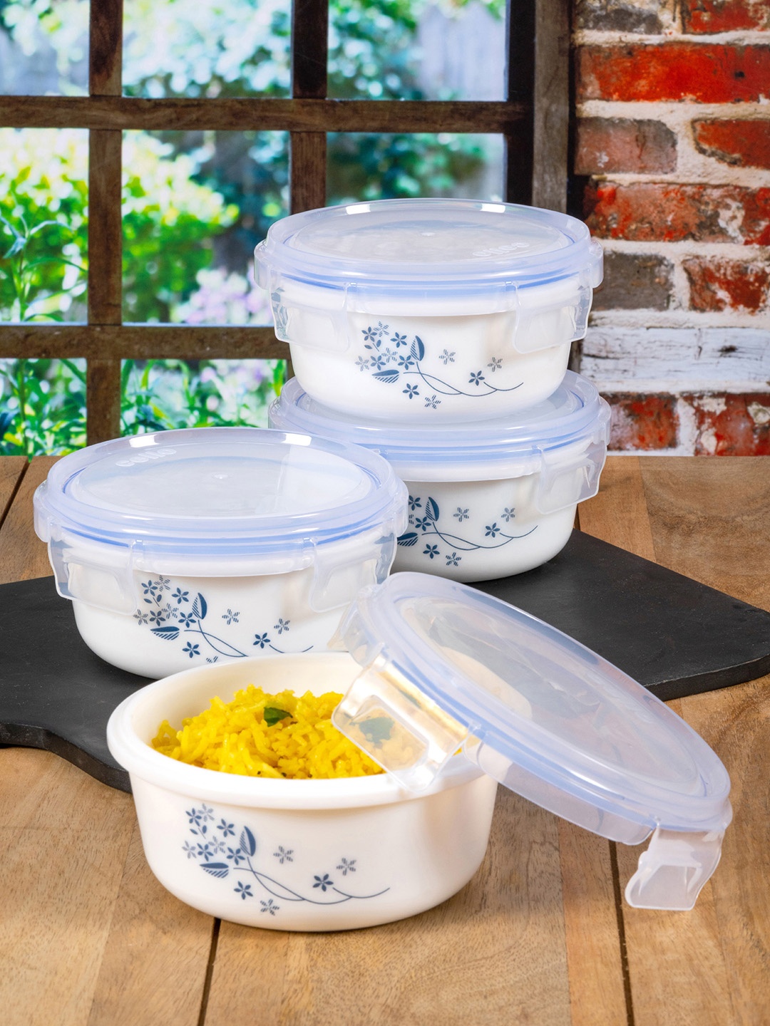 

Cello Set of 4 White & Blue Printed Storage Container With Lid