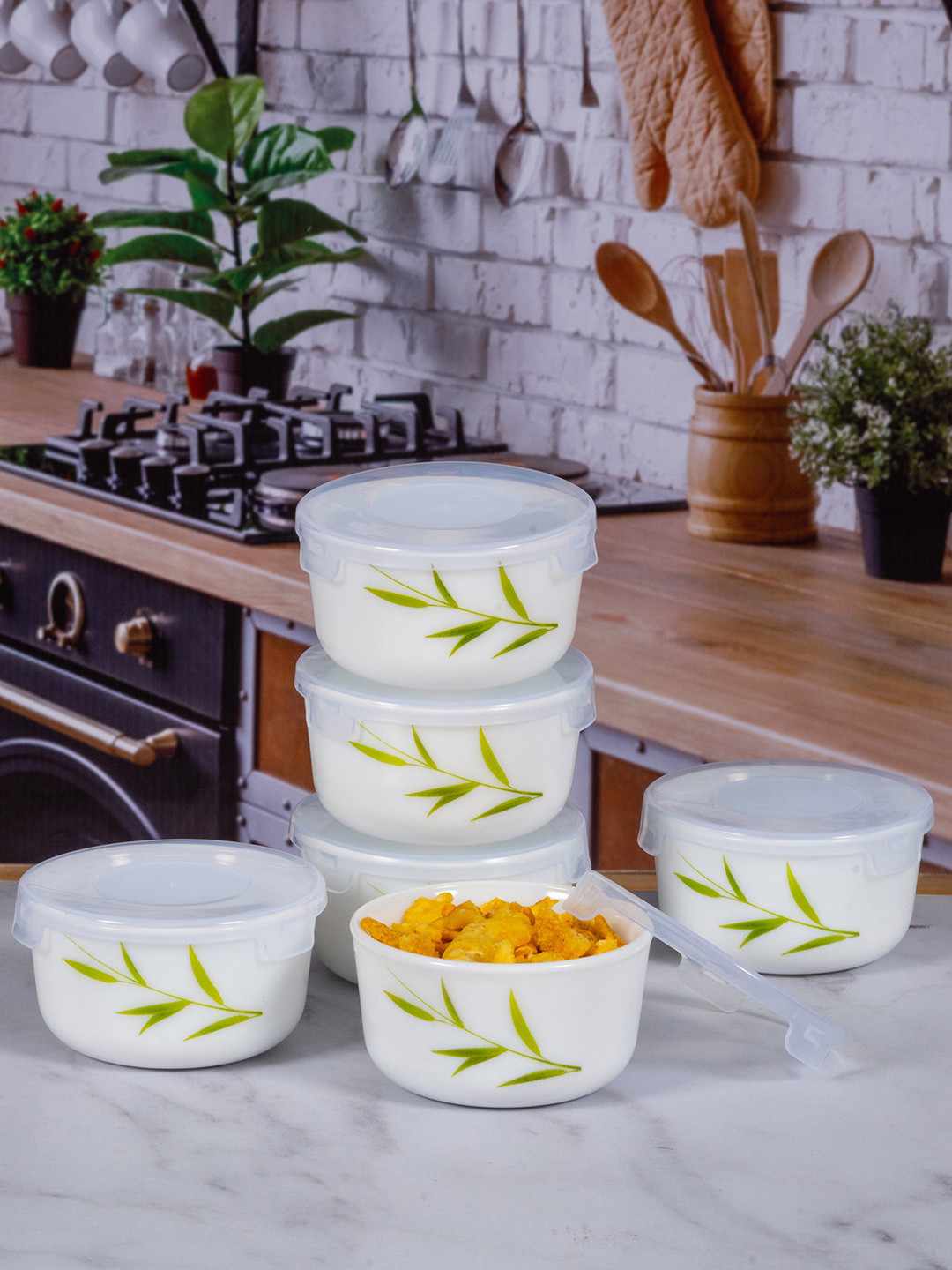 

Cello Set Of 6 White Printed Glass Containers With Air Tight Lid